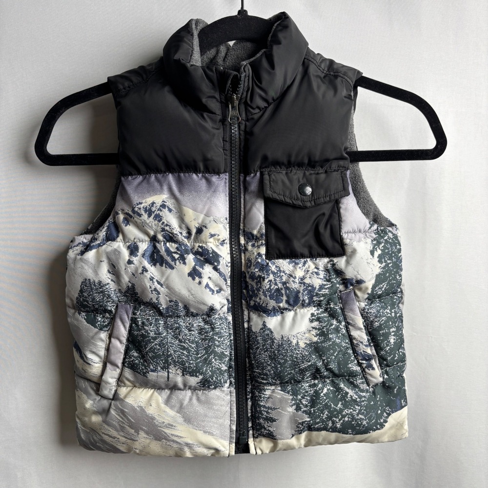 Baby Gap Kids Puffer Vest Black White Mountain Print Fleece Lined Boys 4 Yr 4T